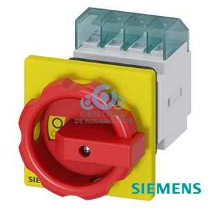 SENTRON, interruptor-seccionador 3LD, Pulsador de parada de emergencia, 3 polos, Iu: 16 A, Potencia de empleo / con AC-23 A a 400 V: 7,5 kW, con fijación frontal, Accionamiento giratorio, rojo/amarillo, fijación central 22,5 mm de la maneta