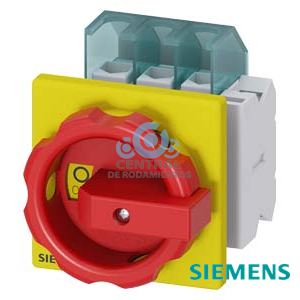 SENTRON, interruptor-seccionador 3LD, Pulsador de parada de emergencia, 3 polos, Iu: 25 A, Potencia de empleo / con AC-23 A a 400 V: 9,5 kW, con fijación frontal, 1NC, 1NA, Accionamiento giratorio, rojo/amarillo, 4 taladros Fijación de la maneta