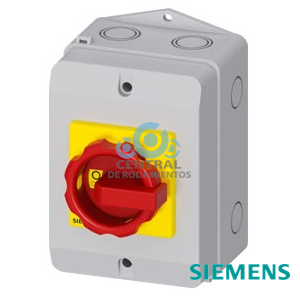SENTRON, interruptor-seccionador 3LD, Pulsador de parada de emergencia, 4- polos, 25 A, potencia de empleo con AC-23 A a 400 V: 9,5 kW, Caja de material aislante para pasacables métrico, Accionamiento giratorio, rojo/amarillo