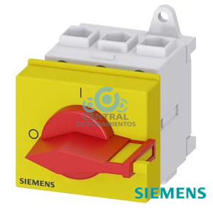 SENTRON, interruptor-seccionador 3LD, Pulsador de parada de emergencia, 3 polos, Iu: 32 A, Potencia de empleo / con AC-23 A a 400 V: 11,5 kW, montaje en armarios de distribución, accionamiento de muletilla, rojo/amarillo, Manilla directamente en el interruptor