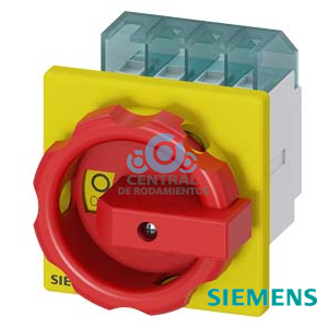 SENTRON, interruptor-seccionador 3LD, Pulsador de parada de emergencia, 3 polos, Iu: 16 A, Potencia de empleo / con AC-23 A a 400 V: 7,5 kW, con fijación frontal, Accionamiento giratorio, rojo/amarillo, Fijación por 4 taladros de la maneta