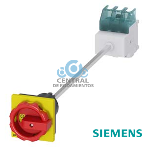 SENTRON, interruptor-seccionador 3LD, Pulsador de parada de emergencia, 3 polos, Iu: 25 A, Potencia de empleo / con AC-23 A a 400 V: 9,5 kW, Fijación en base con acoplamiento de puerta, Accionamiento giratorio, rojo/amarillo, Fijación por 4 taladros de la maneta