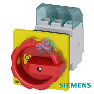 SENTRON, interruptor-seccionador 3LD, Pulsador de parada de emergencia, 3 polos, Iu: 25 A, Potencia de empleo / con AC-23 A a 400 V: 9,5 kW, con fijación frontal, Accionamiento giratorio, rojo/amarillo, fijación central 22,5 mm de la maneta