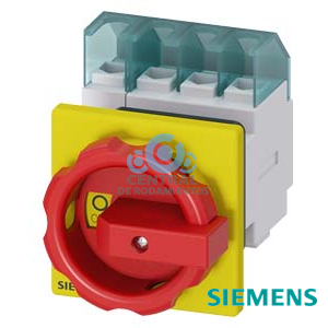 SENTRON, interruptor-seccionador 3LD, Pulsador de parada de emergencia, 4- polos, Iu: 25 A, Potencia de empleo / con AC-23 A a 400 V: 9,5 kW, con fijación frontal, Accionamiento giratorio, rojo/amarillo, fijación central 22,5 mm de la maneta