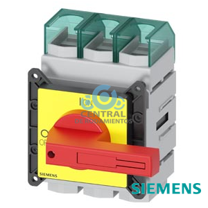 SENTRON, interruptor-seccionador 3LD, Pulsador de parada de emergencia, 3 polos, Iu: 160 A, Potencia de empleo / con AC-23 A a 400 V: 75 kW, con fijación frontal, accionamiento de muletilla, rojo/amarillo, Fijación por 4 taladros de la maneta