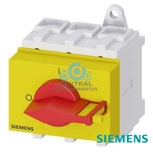 SENTRON, interruptor-seccionador 3LD, Pulsador de parada de emergencia, 3 polos, Iu: 63 A, Potencia de empleo / con AC-23 A a 400 V: 22 kW, montaje en armarios de distribución, accionamiento de muletilla, rojo/amarillo, Manilla directamente en el interruptor